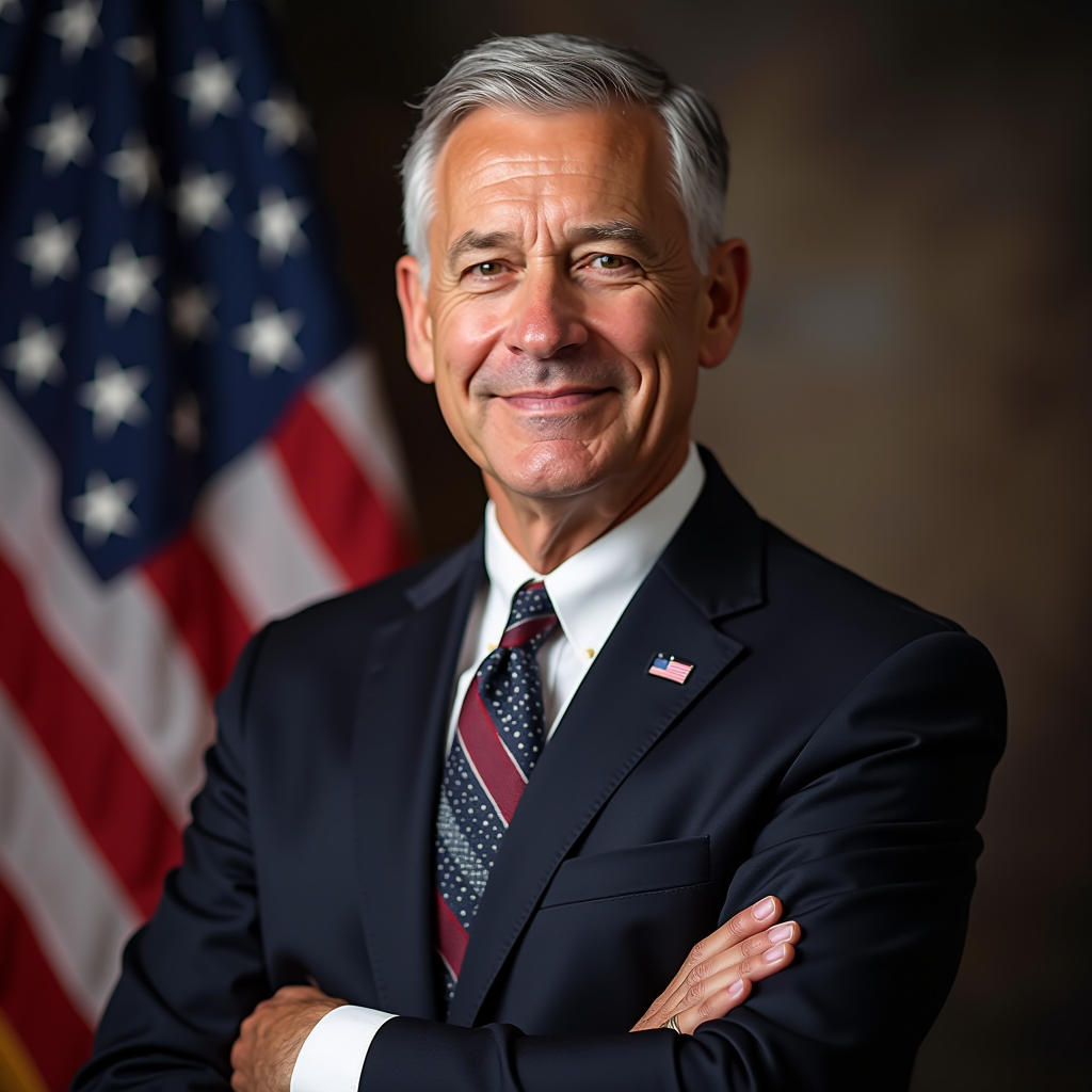 Executive Director - Professional portrait of a distinguished veteran leader in business attire, standing confidently with American flag in background, conveying authority and compassion