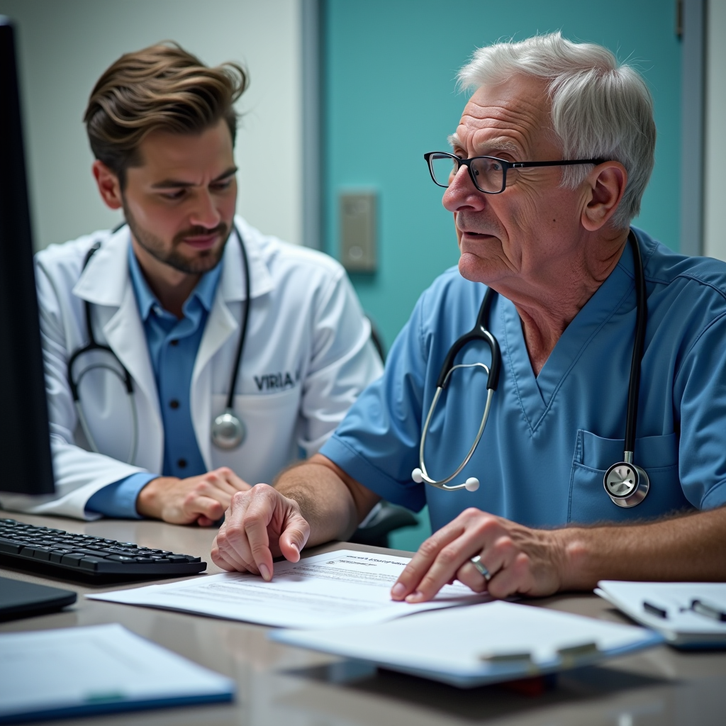 Veteran consulting with healthcare professional at VA medical center, reviewing healthcare benefits documents and eligibility forms on desk