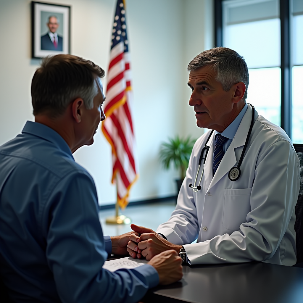 Professional healthcare consultation scene showing a VA healthcare representative meeting with a veteran in a modern medical office, with American flag visible in background, conveying trust and support