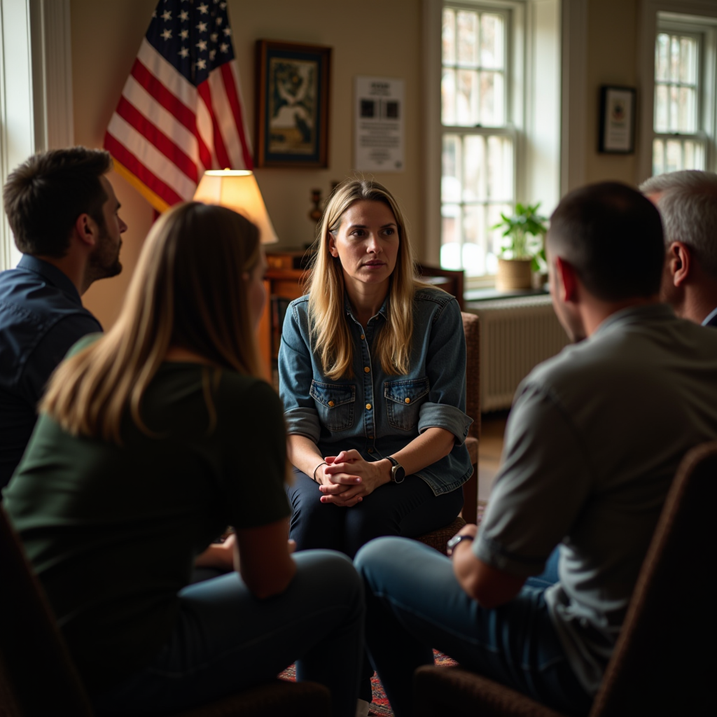 Group of veterans sitting in a supportive circle during a peer counseling session, warm lighting creating a safe and welcoming atmosphere, professional counselor facilitating discussion, American flag visible in background, diverse group of veterans of different ages and backgrounds sharing their experiences