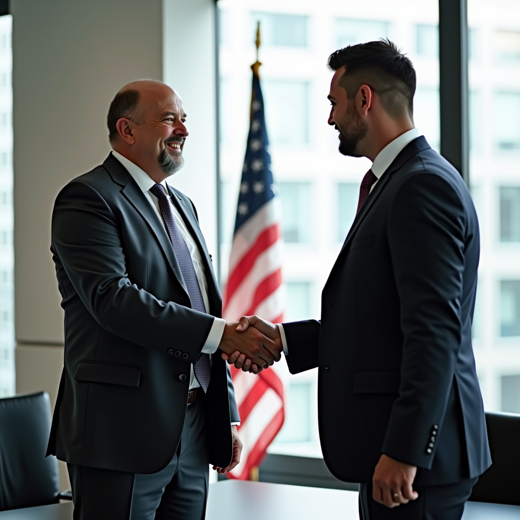 Professional veteran in business suit confidently shaking hands with civilian hiring manager in a bright, modern office environment with American flag visible in background