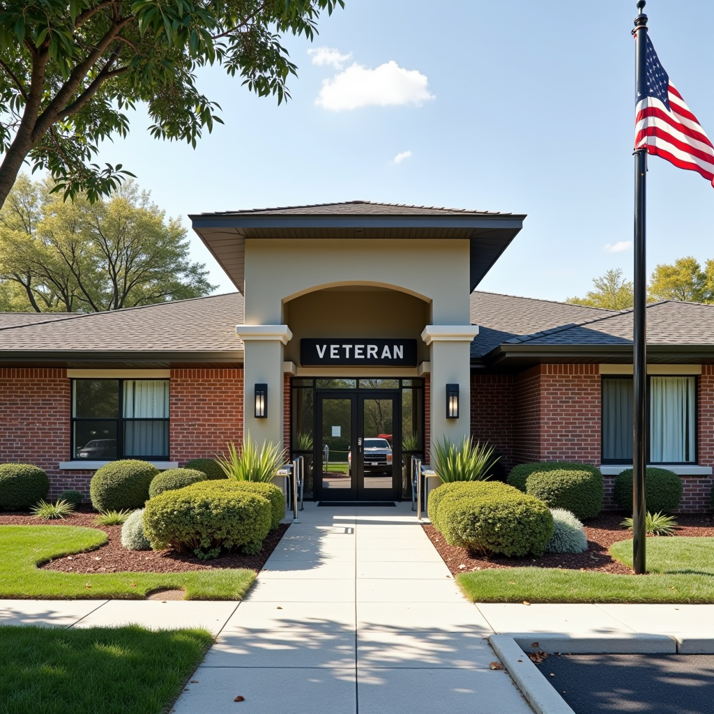 Welcoming front entrance of a modern veteran housing facility with American flag, showing accessible ramps and well-maintained landscaping, symbolizing dignity and support for veterans seeking stable housing