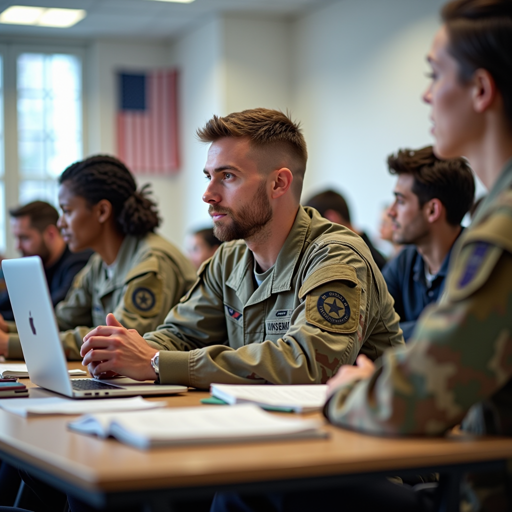 Group of diverse military veterans studying together in a bright, modern college classroom with laptops and textbooks on desks, American flag displayed on wall, students appearing engaged and focused on their education
