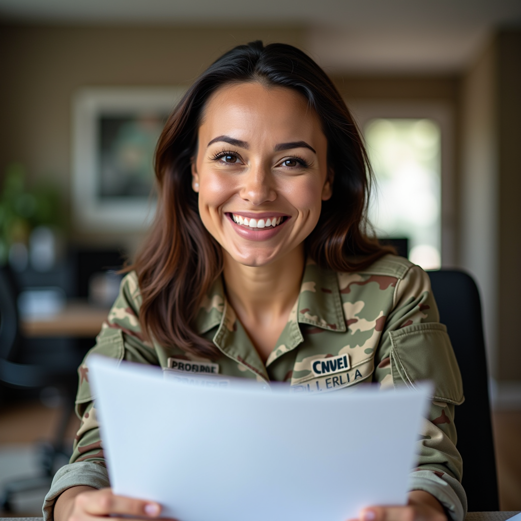 Programs Director - Warm portrait of a caring professional woman with military background, smiling genuinely while reviewing assistance program documents