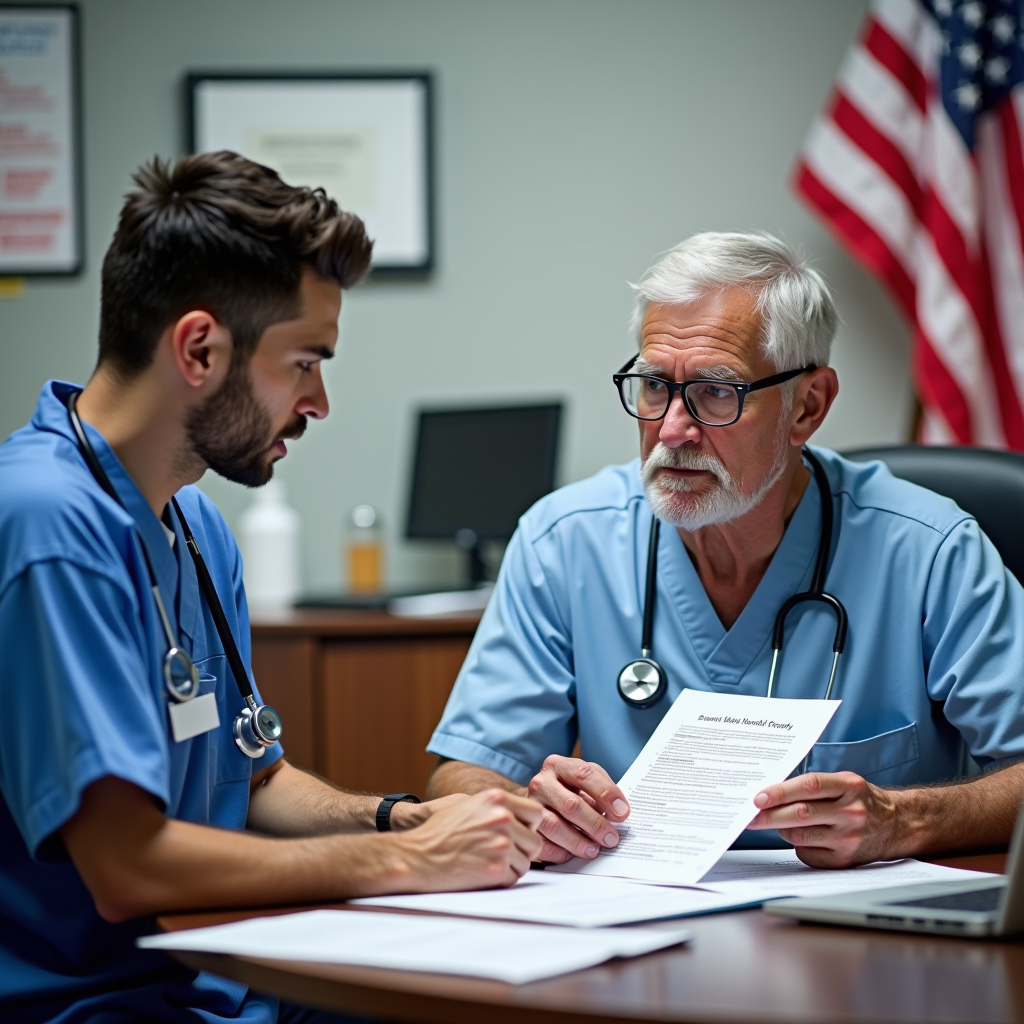 Veteran consulting with healthcare professional at VA medical center, reviewing healthcare benefits documents and eligibility forms on desk, professional medical office setting with American flag in background