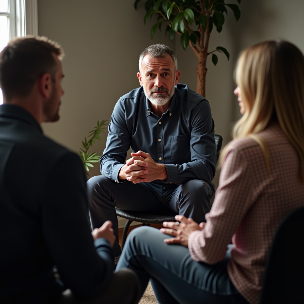 Supportive group therapy session with veterans sitting in circle, counselor facilitating discussion about mental health and PTSD treatment