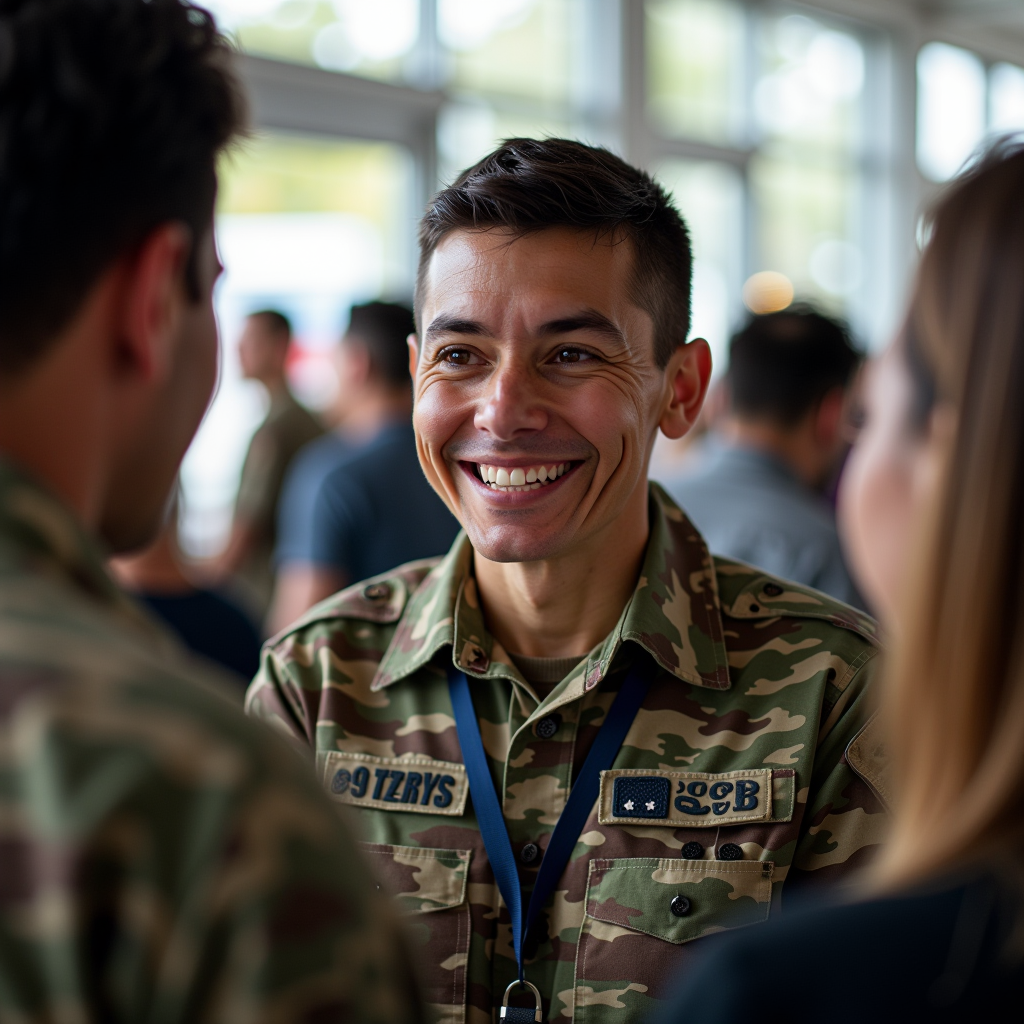 Outreach Coordinator - Engaging portrait of a friendly veteran coordinator at a community event, interacting with fellow veterans and showing genuine connection