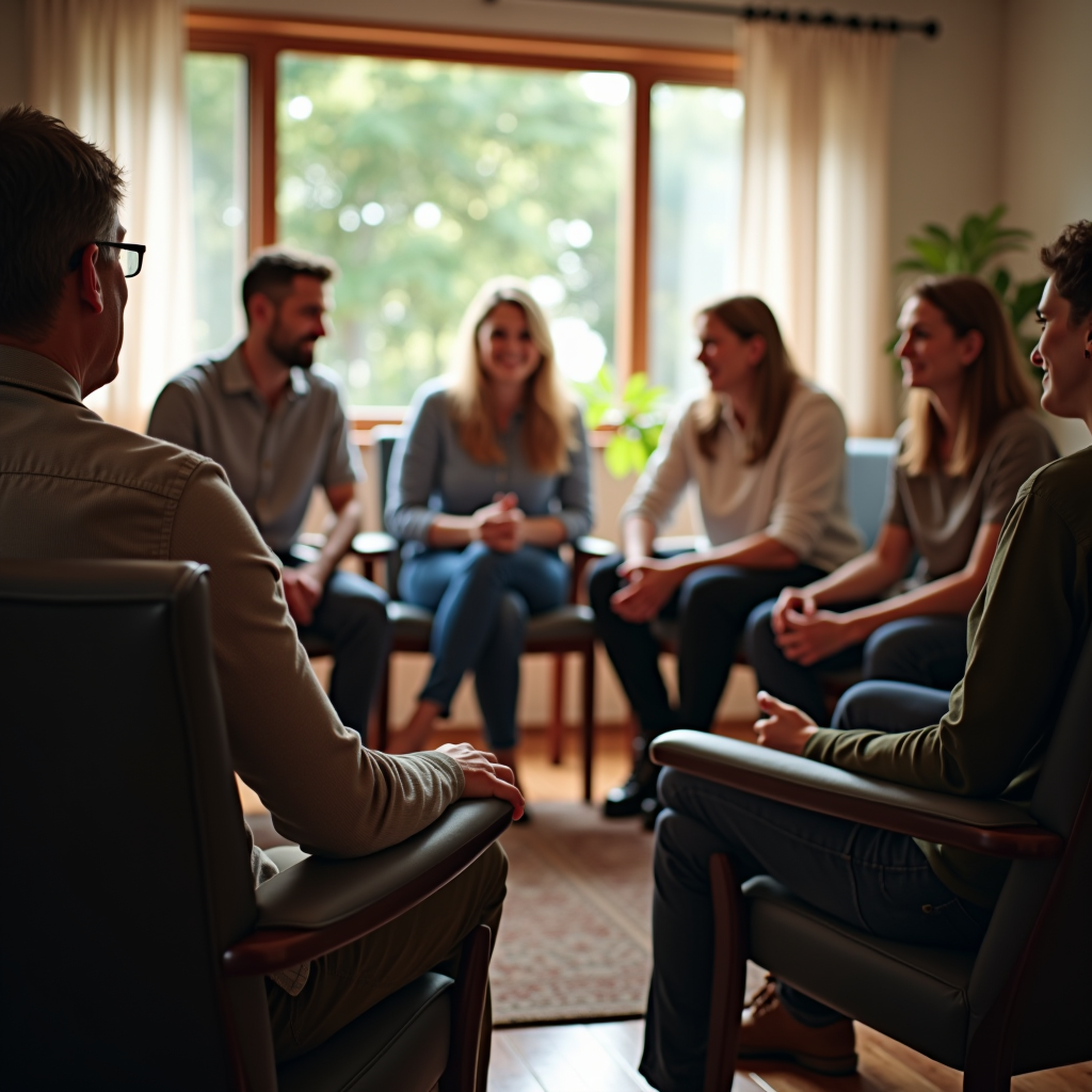 Supportive group therapy session with veterans sitting in circle, counselor leading discussion, warm and welcoming environment with natural lighting, focus on hope and healing