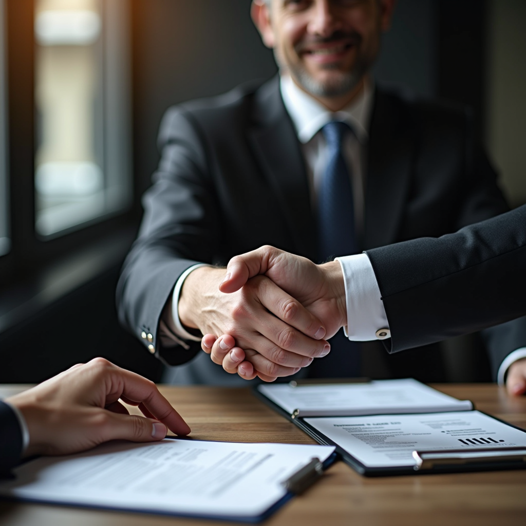 Veteran in business attire shaking hands with civilian employer during job interview, resume and military service records visible on table