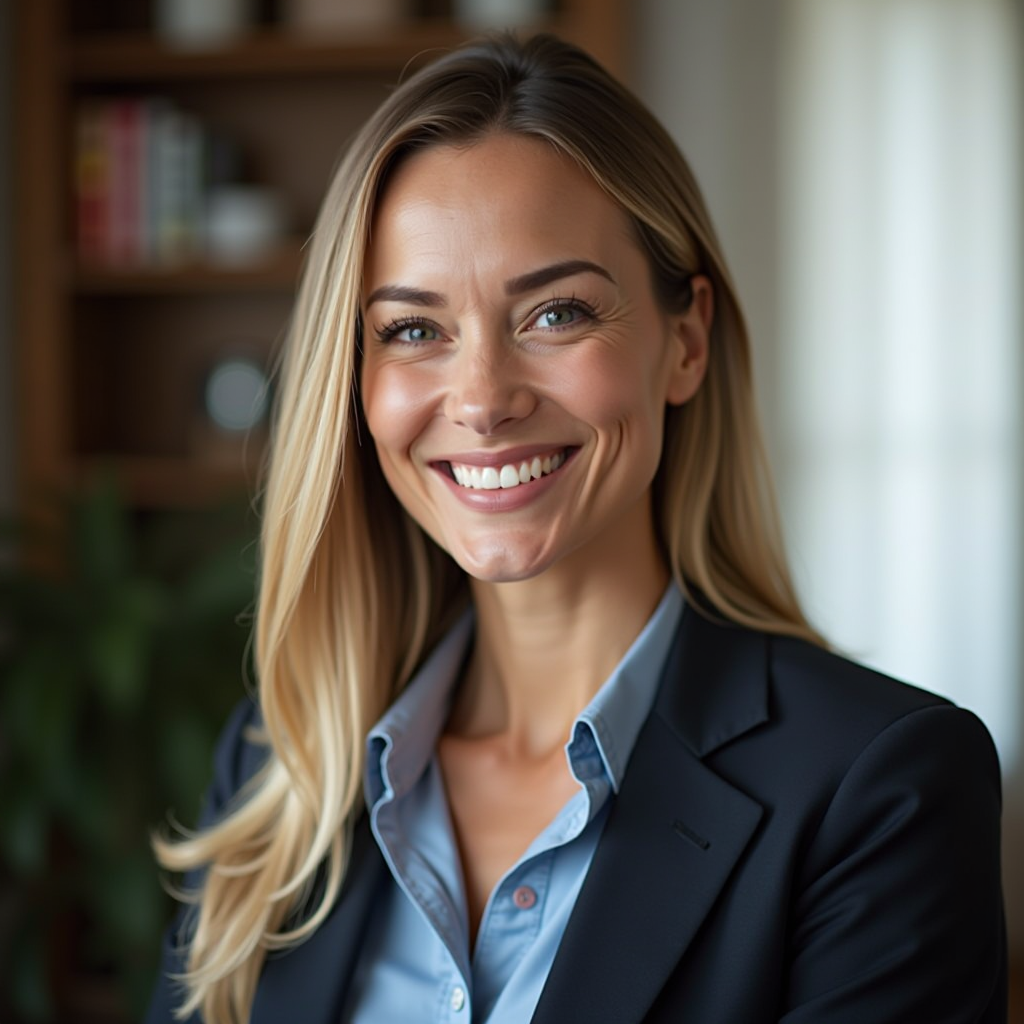 Mental Health Counselor - Compassionate portrait of a licensed therapist in a welcoming office setting, conveying warmth and professional expertise in veteran mental health