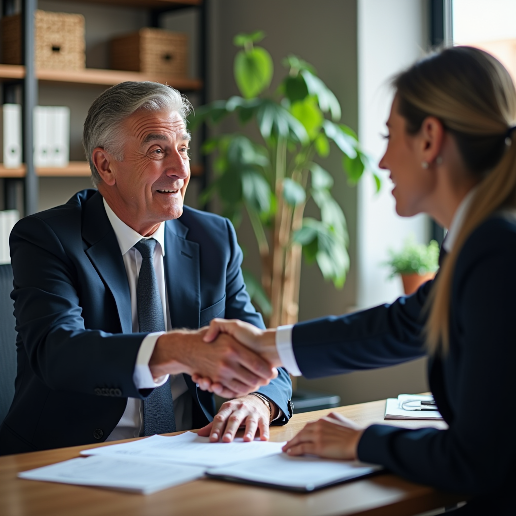 Veteran in business attire shaking hands with civilian employer during job interview, professional office setting, resume and documents on table, confident and optimistic atmosphere