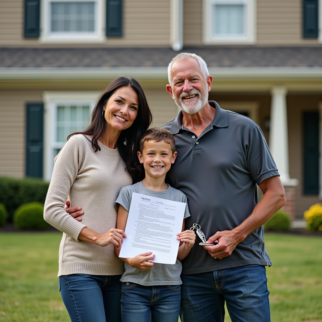 Veteran family standing in front of new home with keys in hand, VA home loan documents and housing assistance program materials visible