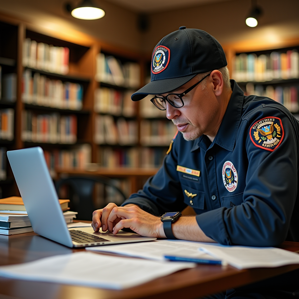 Veteran student studying at university campus with GI Bill education benefits paperwork, textbooks and laptop on desk in library setting
